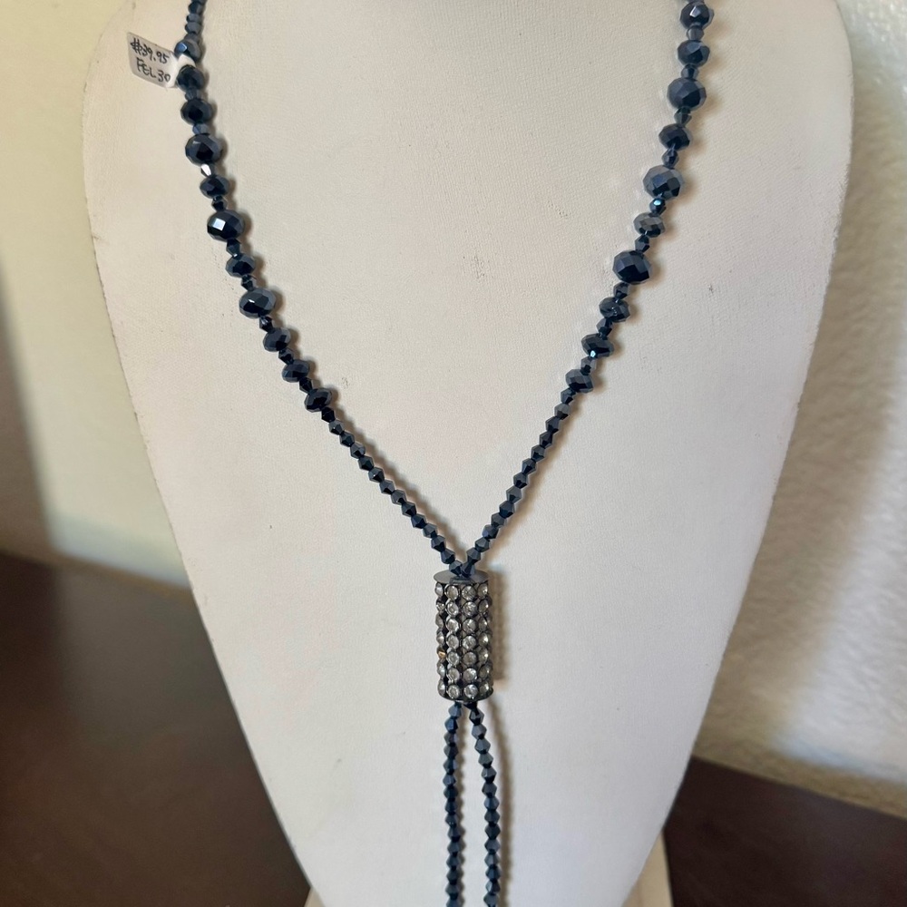 Faceted Navy Crystal Y-Necklace with Rhinestone Pendant Tassel